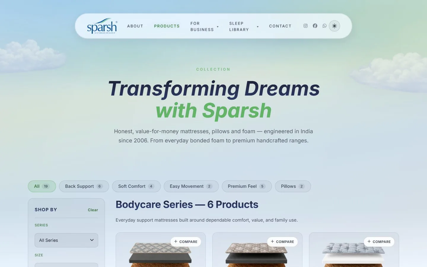 Sparsh Mattress: Light mode · the same catalogue by day