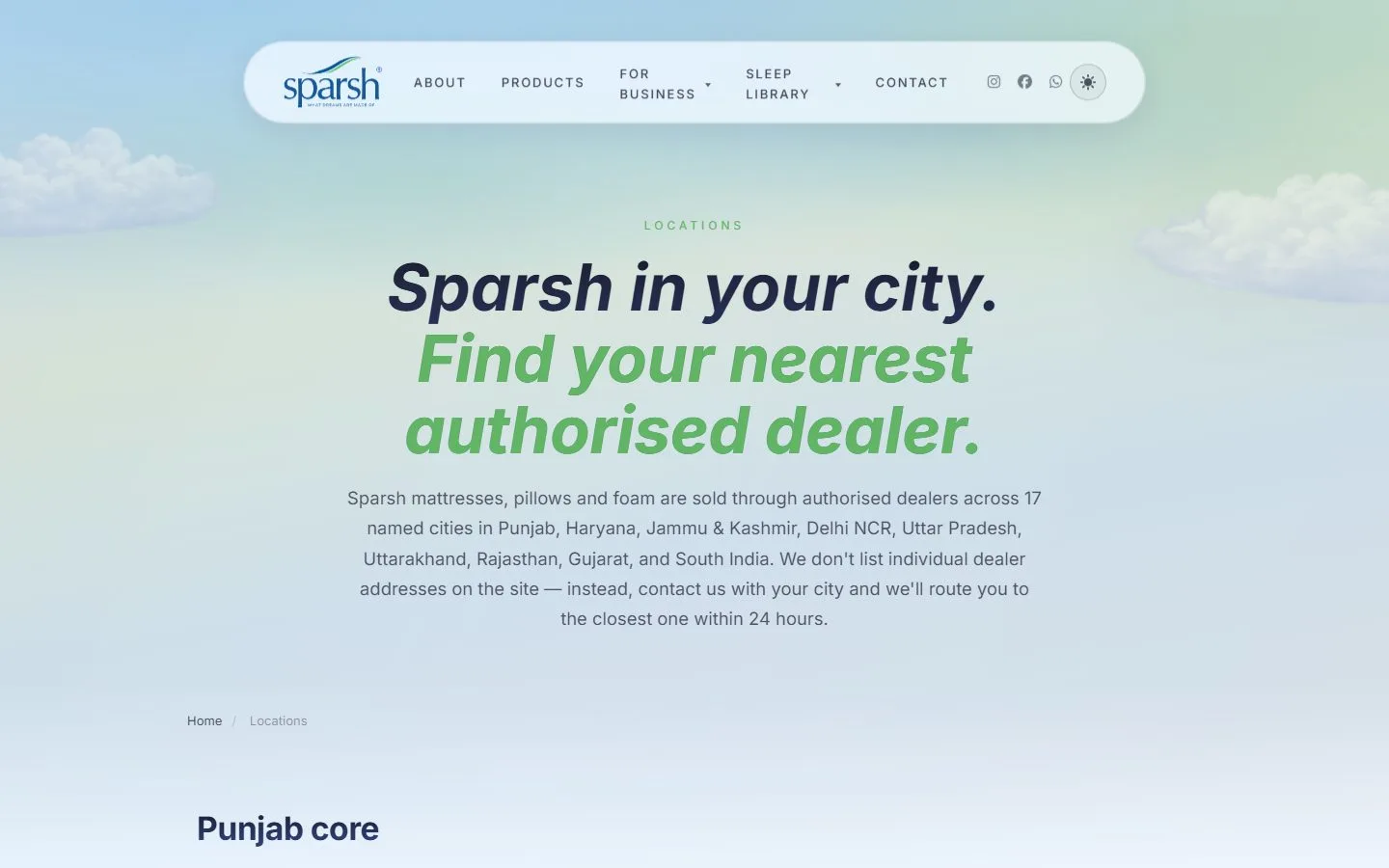 Sparsh Mattress: Light mode · dealer finder